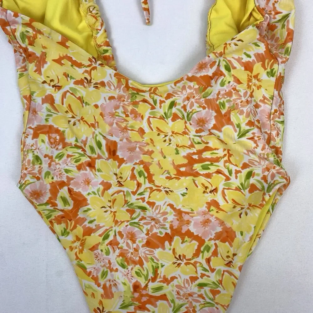 Princess Polly Fern One Piece Swimsuit Yellow Floral Halter High Cut Size 4